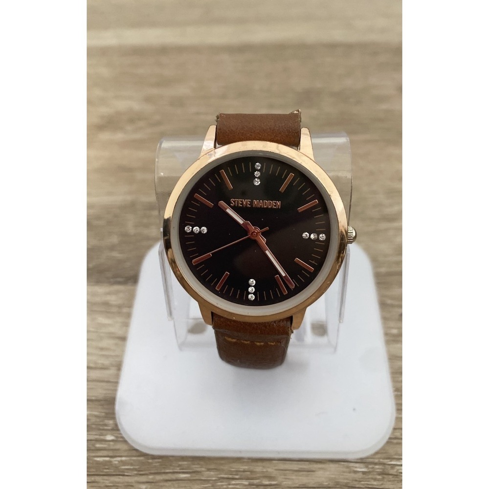 Steve Madden Black/Rose Gold Watch Rhinestones and Brown Leather Band